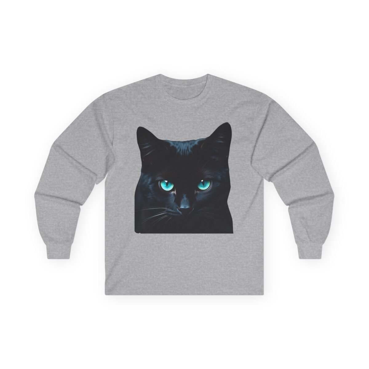 4727053561432721110_2048-1.jpeg Grey long-sleeve shirt with a black cat's head featuring glowing blue eyes.
