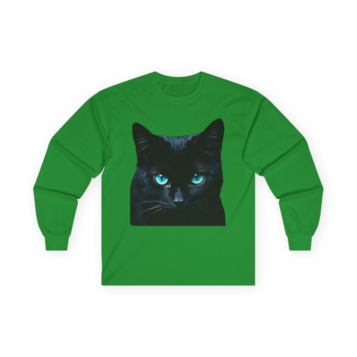 5321795988214333738_2048-1.jpeg Green long-sleeve shirt with a black cat design and piercing blue eyes.