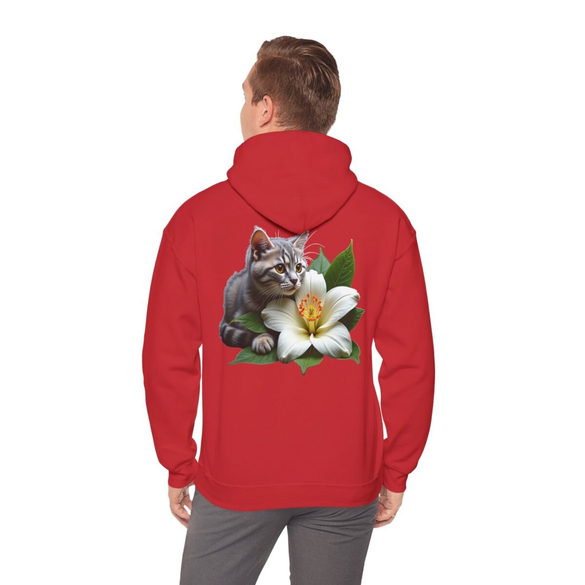 5716685758060353586_2048.jpeg Red hoodie featuring a gray tabby cat and a white lily with green leaves on the back.