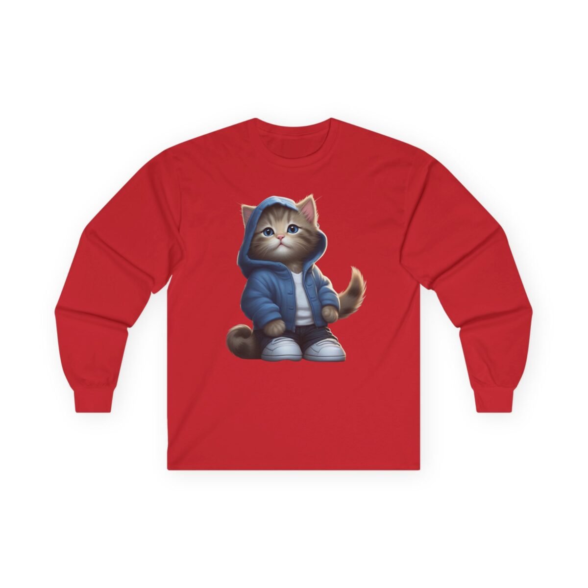 5819362982013669631_2048.jpeg Red long-sleeve shirt with a cute kitten wearing a blue hoodie and sneakers.