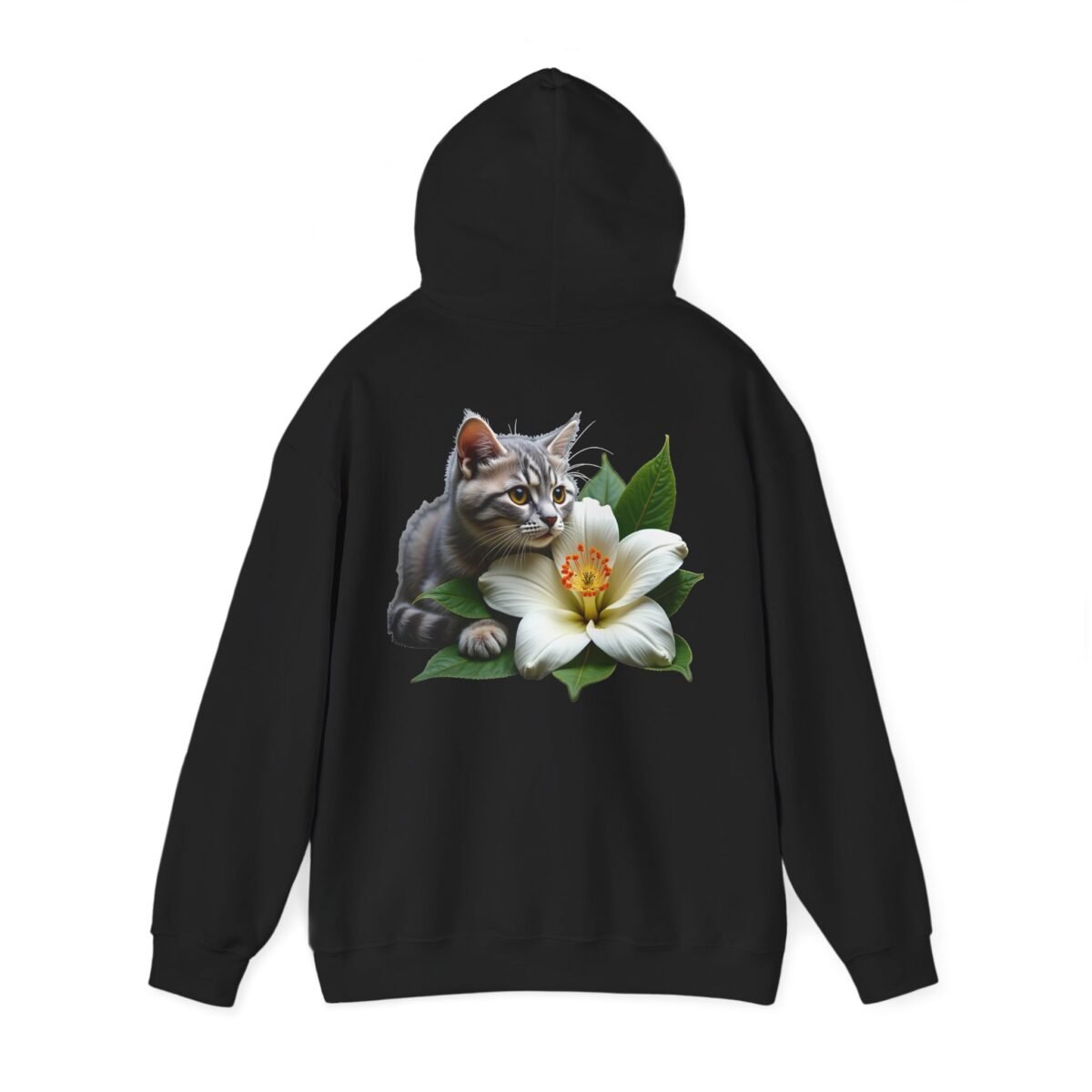 5886602845087702402_2048.jpeg Black hoodie with a tabby cat peeking from behind a white lily.