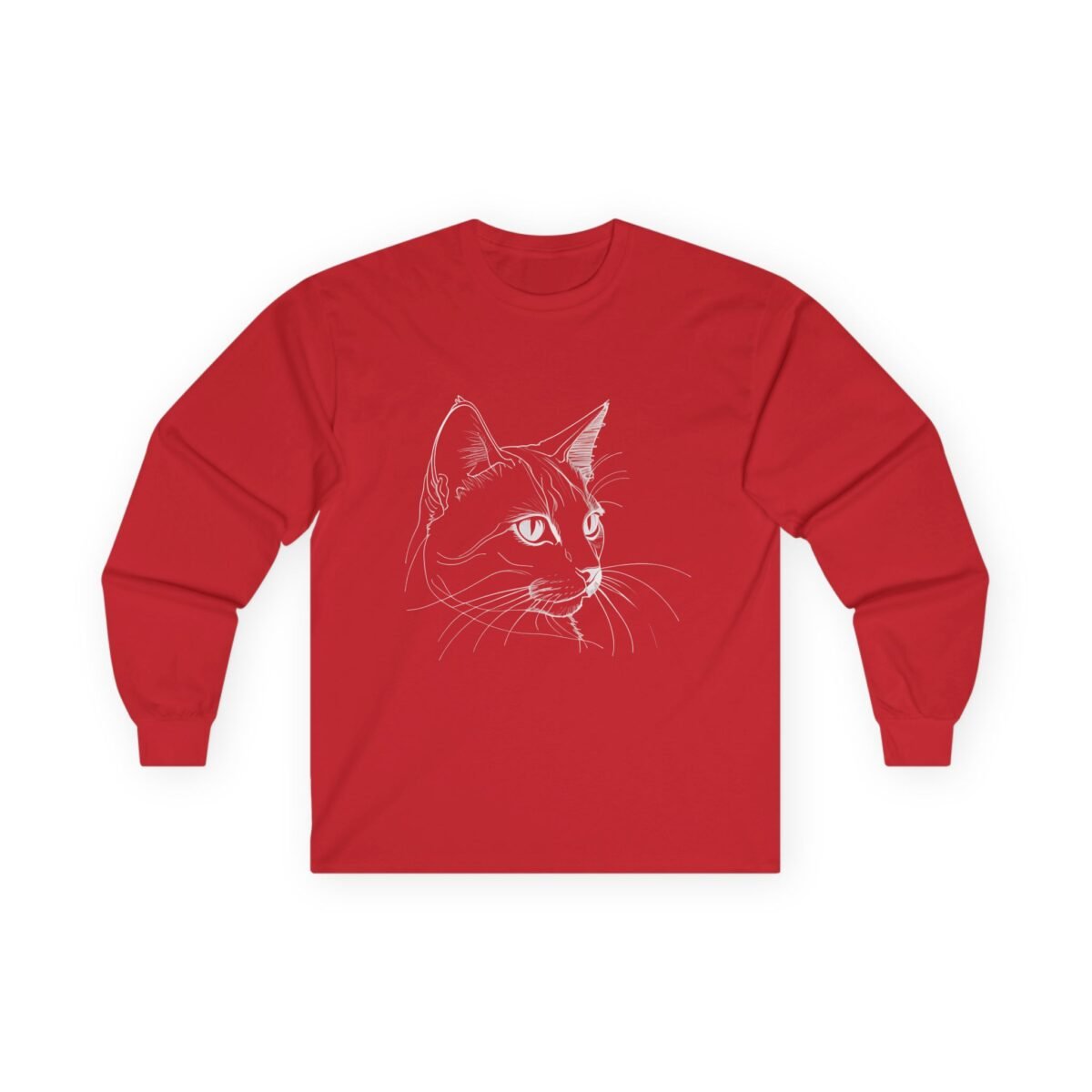 5924993027612479246_2048.jpeg Red long-sleeve t-shirt with a white line art drawing of a cat's head.