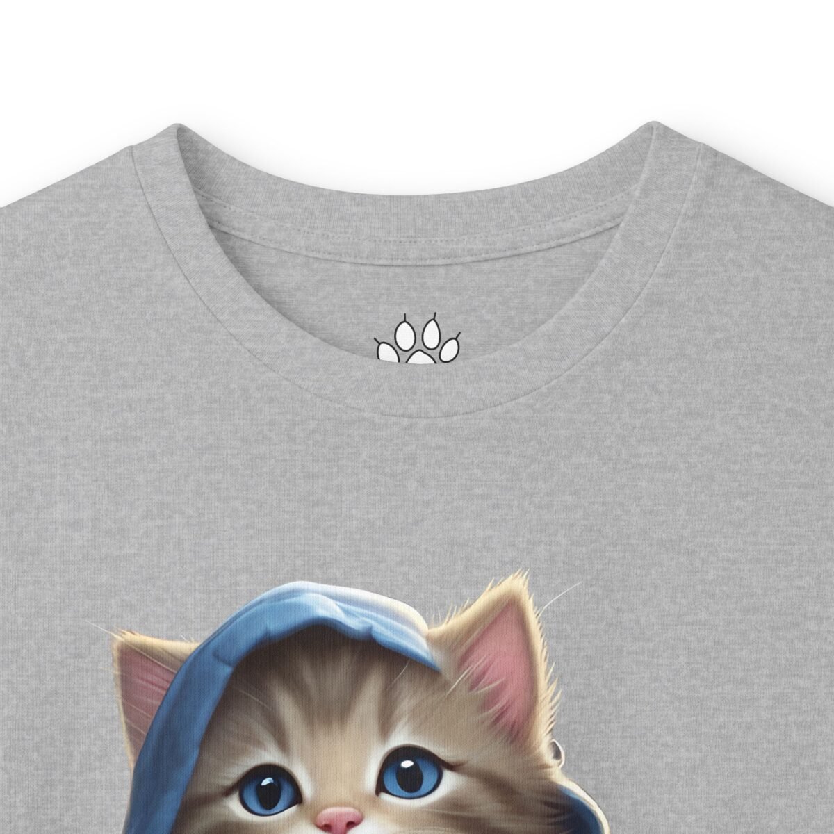 5976556704290597110_2048.jpeg Grey t-shirt with a blue-eyed kitten wearing a blue hood and a paw print logo at the neckline.