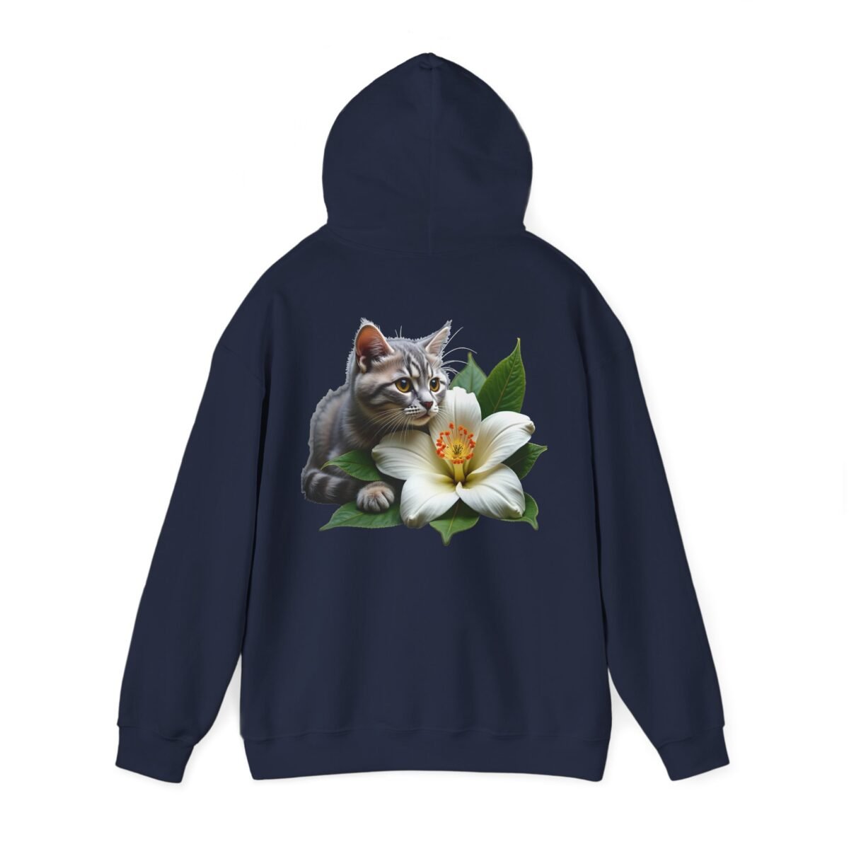 6416333022216735350_2048.jpeg Navy blue hoodie with a gray cat and white flower print.
