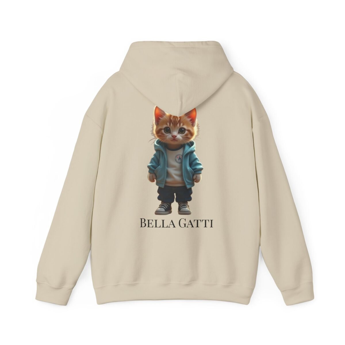 642431498153097662_2048.jpeg Cream hoodie with a cartoon ginger cat wearing a blue jacket and "BELLA GATTI" text.