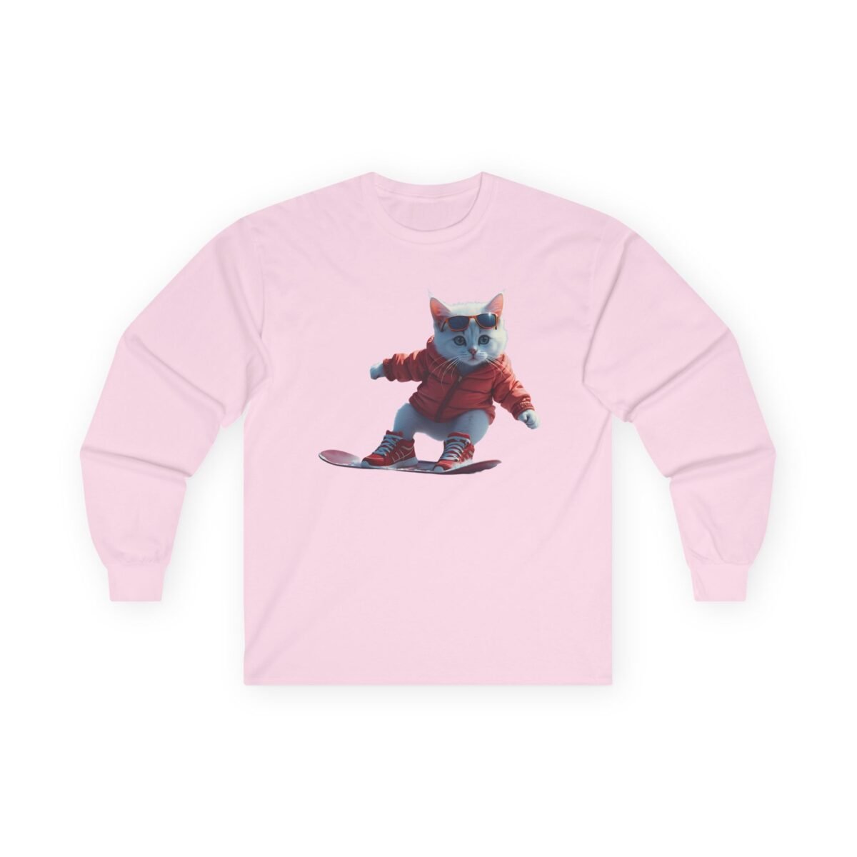 6810288376695546021_2048.jpeg Light pink long-sleeve shirt with a cartoon white cat in an orange jacket and sunglasses snowboarding.