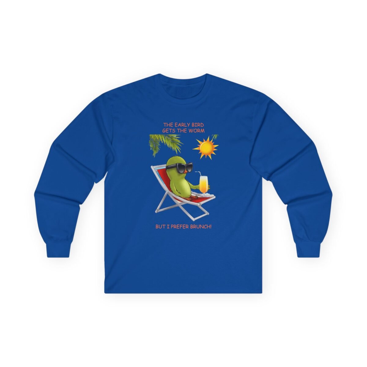 6856083310868832988_2048.jpeg A blue long-sleeve shirt with a cartoon green bird in sunglasses lounging on a beach chair, holding a drink, and text