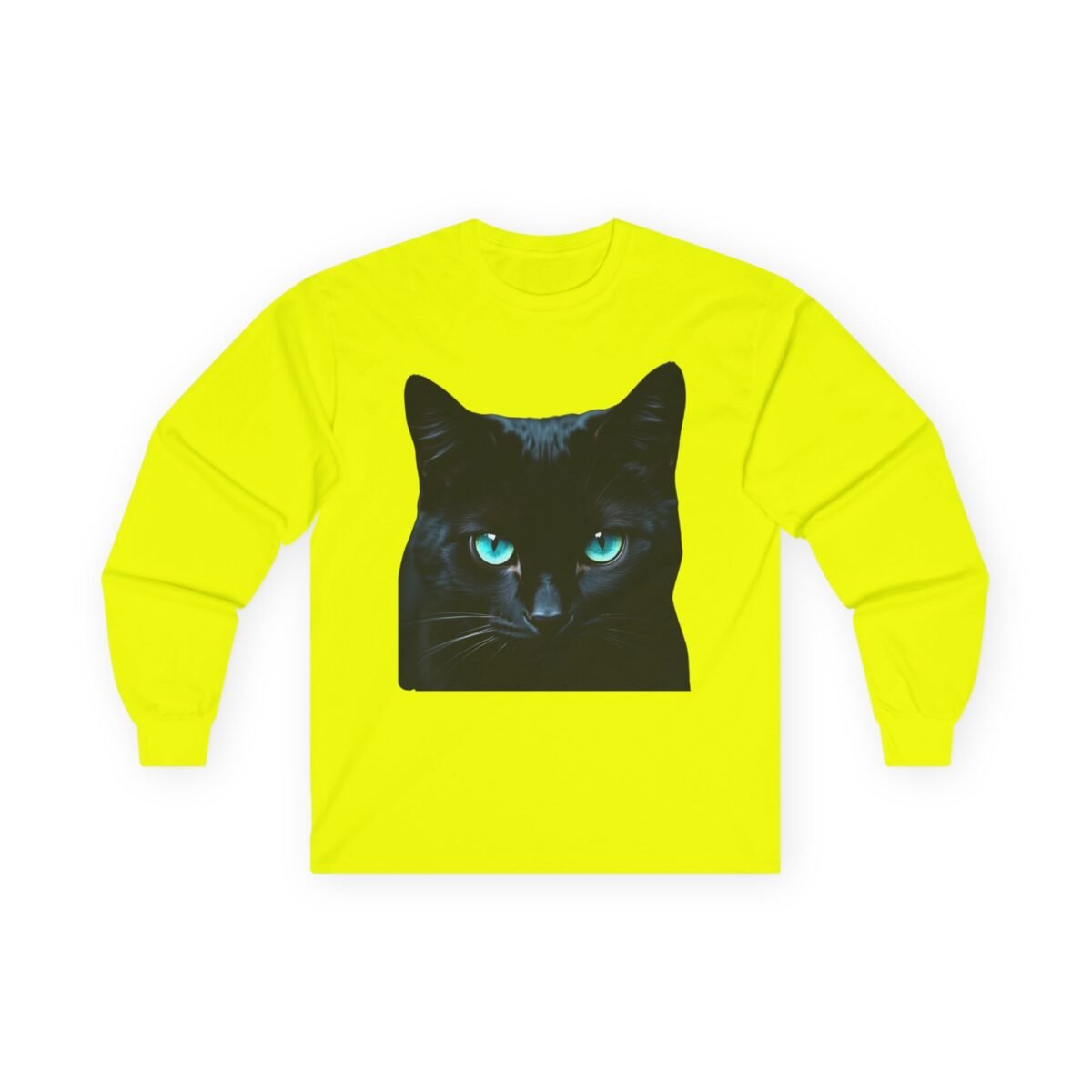 734613463294240992_2048-1.jpeg Neon yellow long-sleeve shirt featuring a black cat with piercing blue eyes.