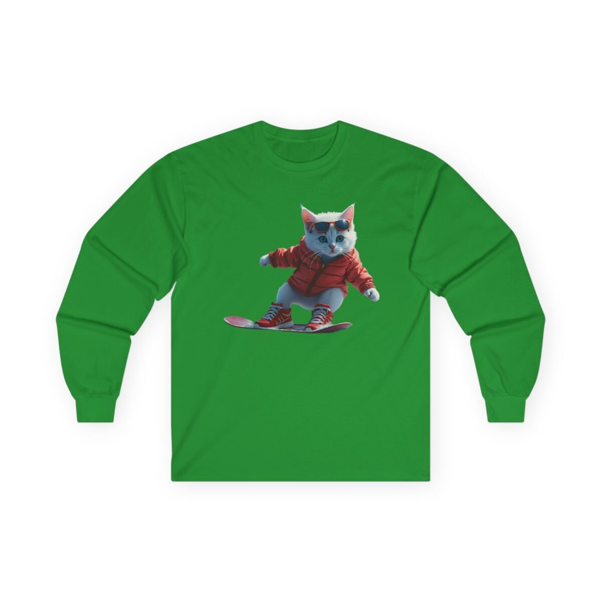 7449482713615656725_2048.jpeg Green long-sleeve shirt with a graphic of a white cat snowboarding in a red jacket and sunglasses.