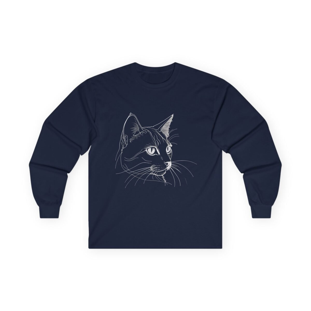 7855454832498987654_2048.jpeg Navy blue long-sleeved shirt with a white outline of a cat's head.