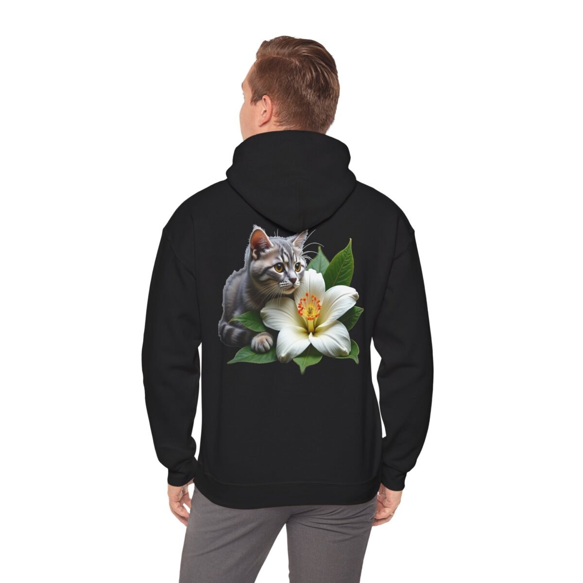 7895307163515286327_2048.jpeg Back of a person wearing a black hoodie with a graphic of a gray cat behind a white flower.