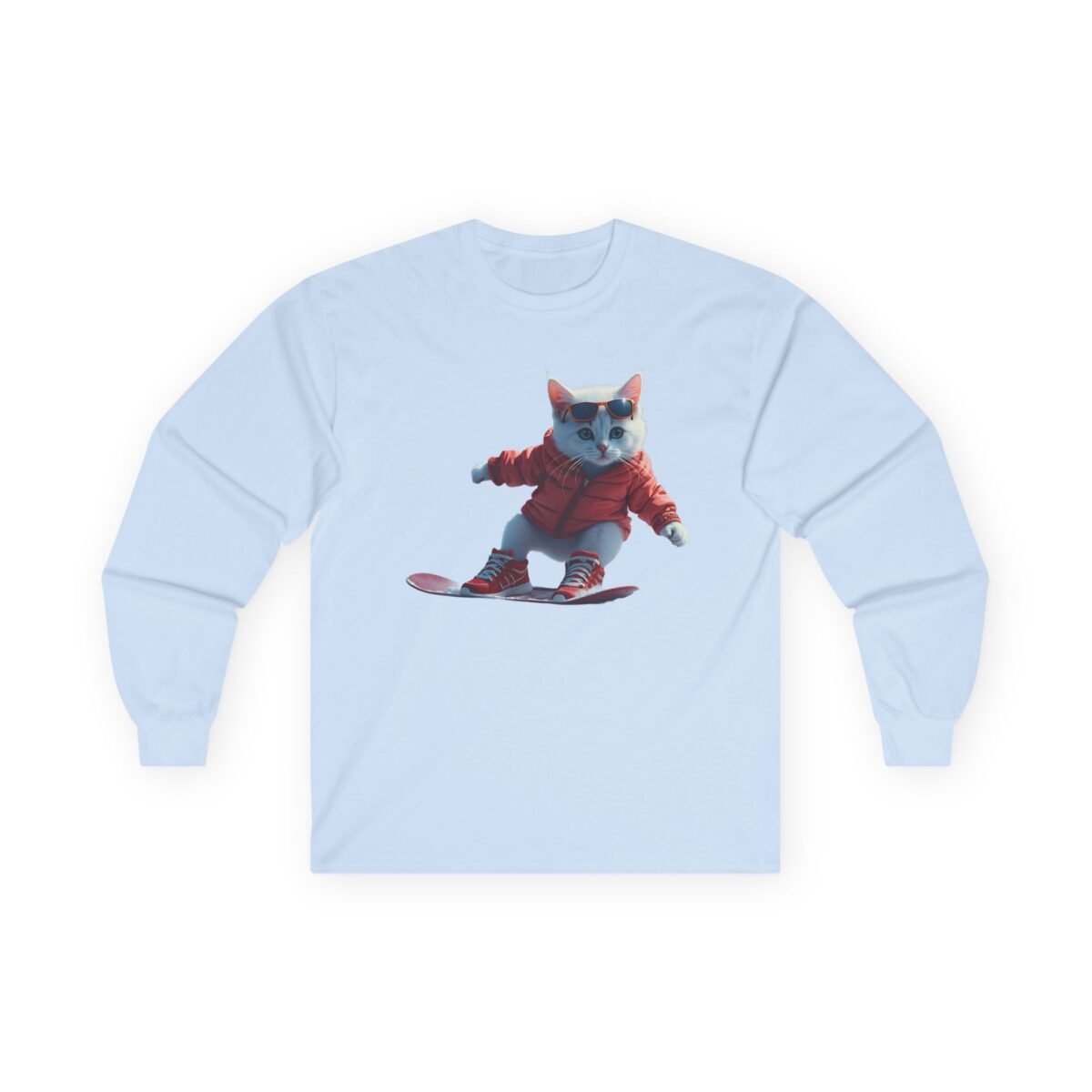 8312182750009280481_2048.jpeg Light blue long-sleeve shirt featuring a cartoon cat in a red jacket and sunglasses snowboarding.
