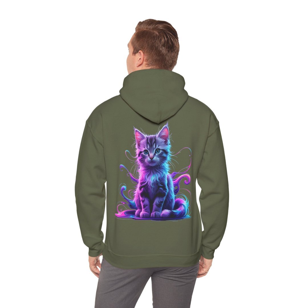 8585086344072918989_2048.jpeg Man wearing hoodie with colorful cat design on the back.
