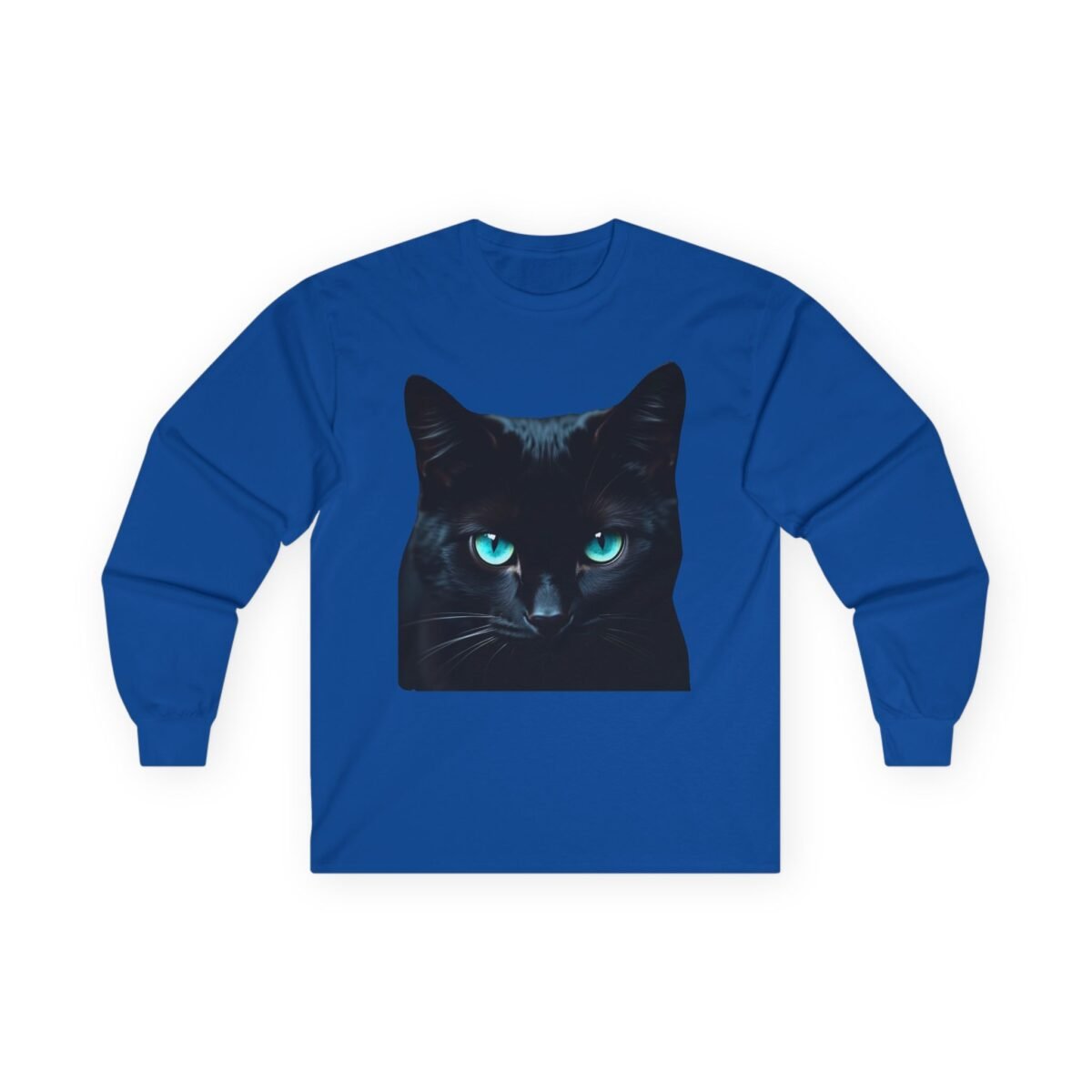 8731078649457613773_2048-1.jpeg Black cat with glowing blue eyes on a royal blue long-sleeve shirt.