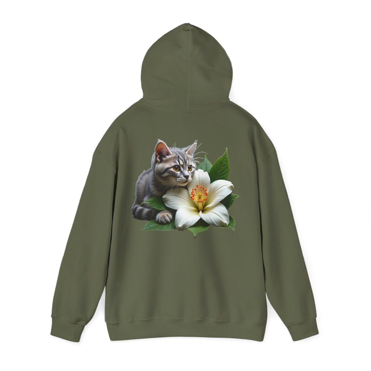 8900838929332367222_2048.jpeg Olive green hoodie with a tabby cat and white flower design on the back.