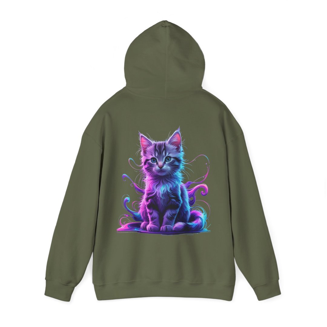9047291027682808391_2048.jpeg Olive green hoodie with a colorful cat illustration on the back.