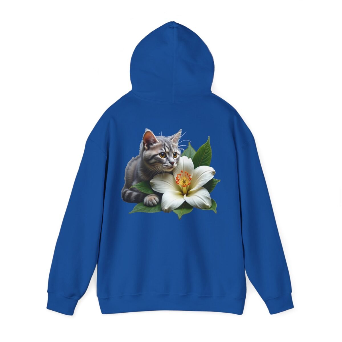 9082287716481105772_2048.jpeg Royal blue hoodie with a tabby cat peeking from behind a white flower.