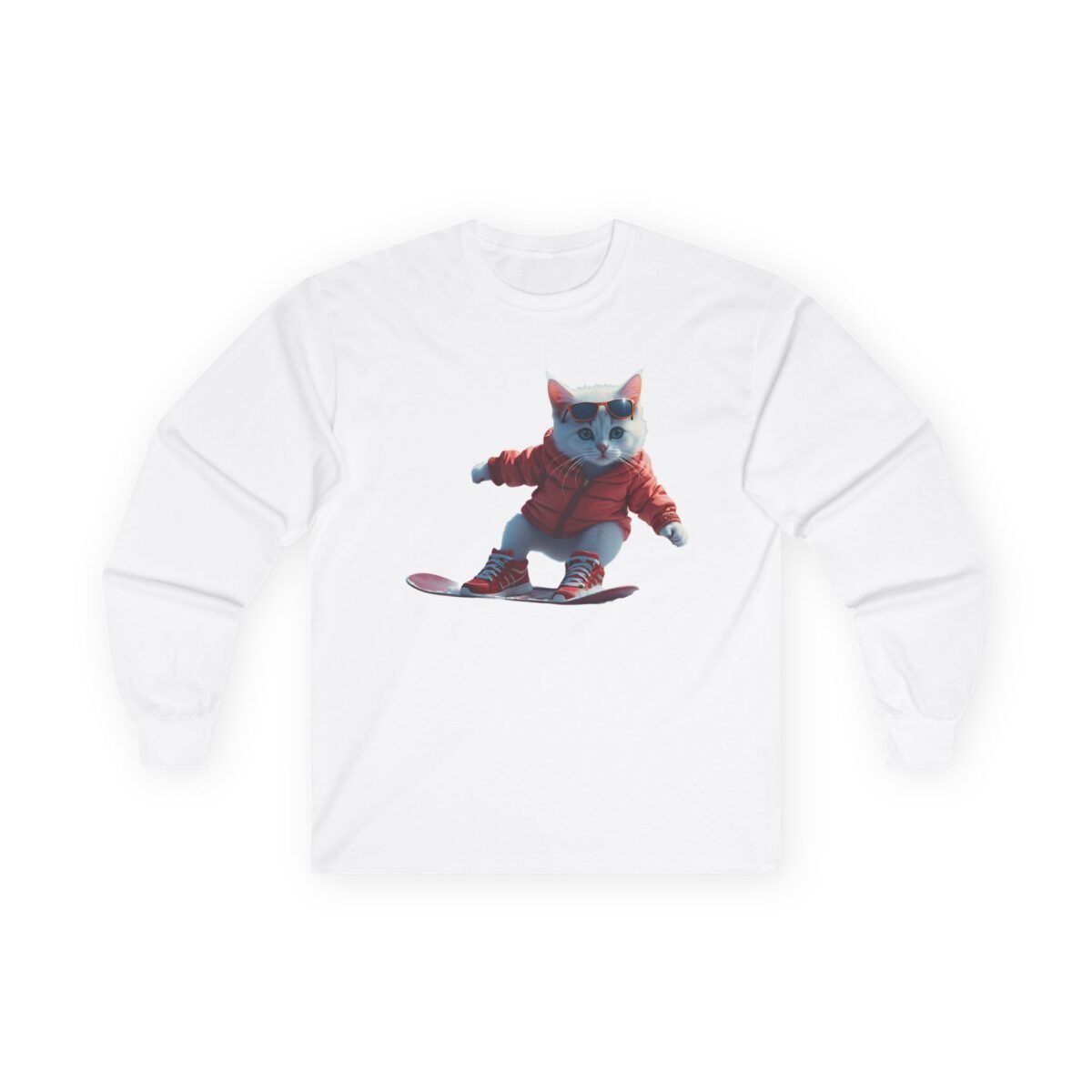 9626483726126278782_2048.jpeg White long-sleeved shirt with a graphic of a white cat in a red jacket and sunglasses snowboarding.