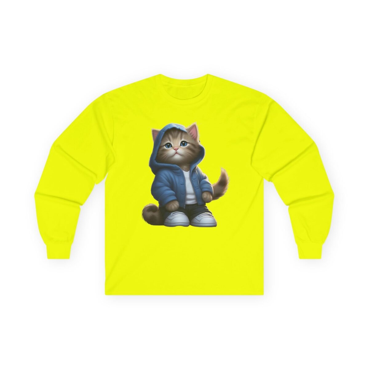 9861327209581415948_2048.jpeg Bright yellow long-sleeve shirt with a cartoon cat wearing a blue hoodie.