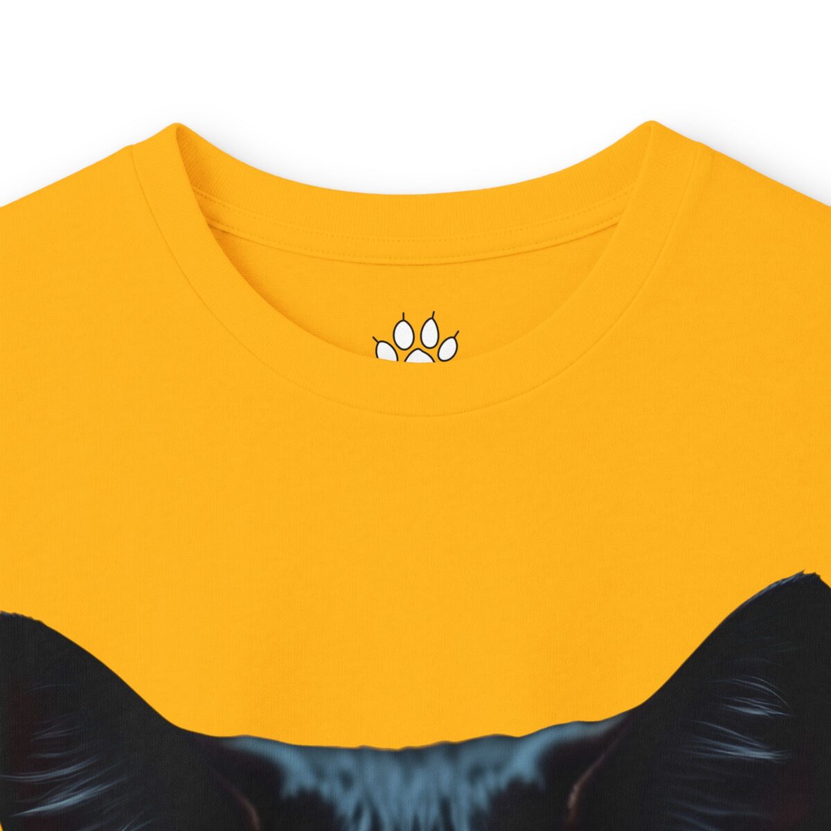 9996865906197052958_2048-1.jpeg Yellow t-shirt with a paw print logo inside the collar and the top of a black cat's head at the bottom.