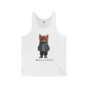 Tank top with a cute cat in a jacket and the text 'Bella Gatti'.