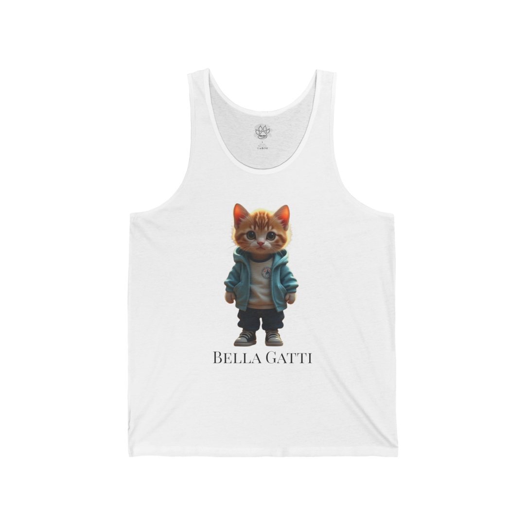 Tank top with a cute cat in a jacket and the text 'Bella Gatti'.