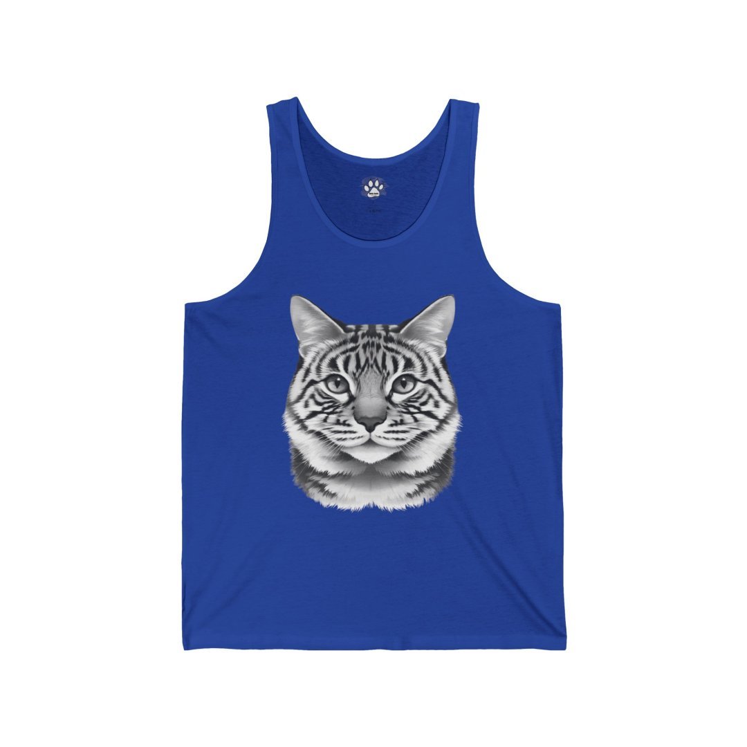 11319229633740855199_2048.jpeg Blue tank top with a detailed cat face illustration.