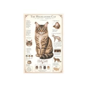 Illustration of a Highlander cat with detailed breed information.