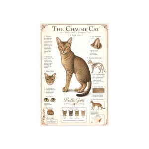 Egyptian Mau Cat Breed Poster Illustration of a Chausie cat with detailed features and characteristics.