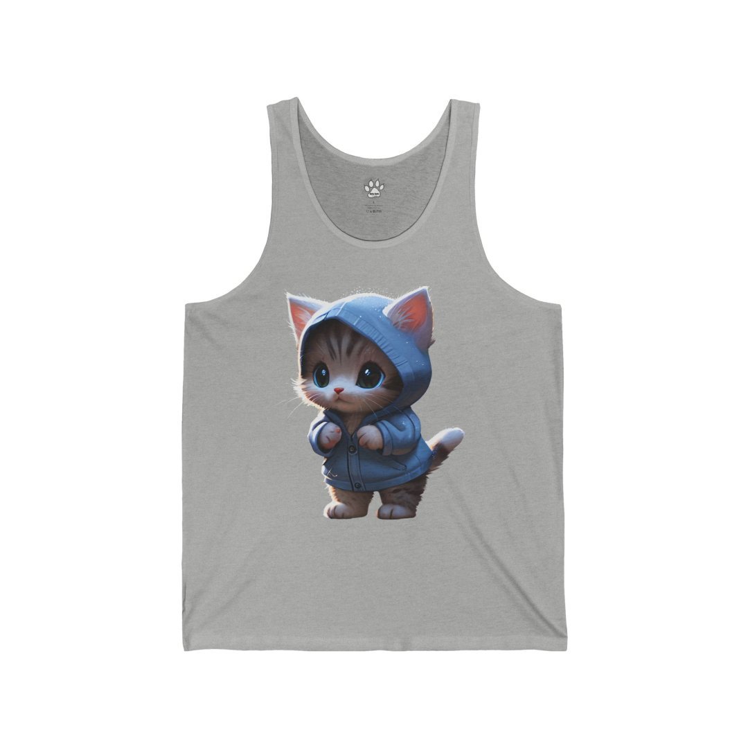 12783443222817207716_2048.jpeg Cute kitten wearing a blue hoodie on a gray tank top.
