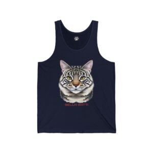Bella Gatti Graphic Tabby Cat Tank Top Navy tank top with a realistic cat face and Bella Gatti text.
