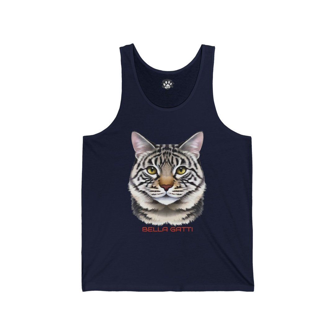 Navy tank top with a realistic cat face and Bella Gatti text.