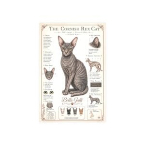 Illustrated guide of the Cornish Rex cat breed with detailed features.