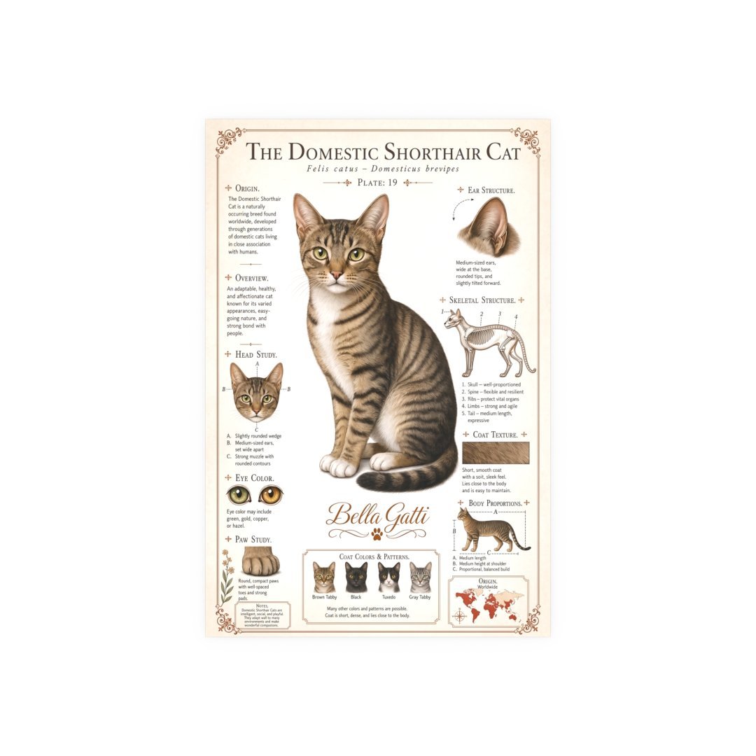 Illustration of a Domestic Shorthair Cat with detailed information.