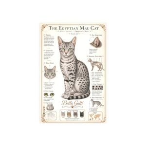 Illustration of an Egyptian Mau cat with detailed features and characteristics.