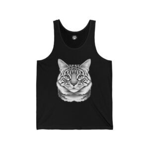 Black tank top with a detailed cat face illustration.