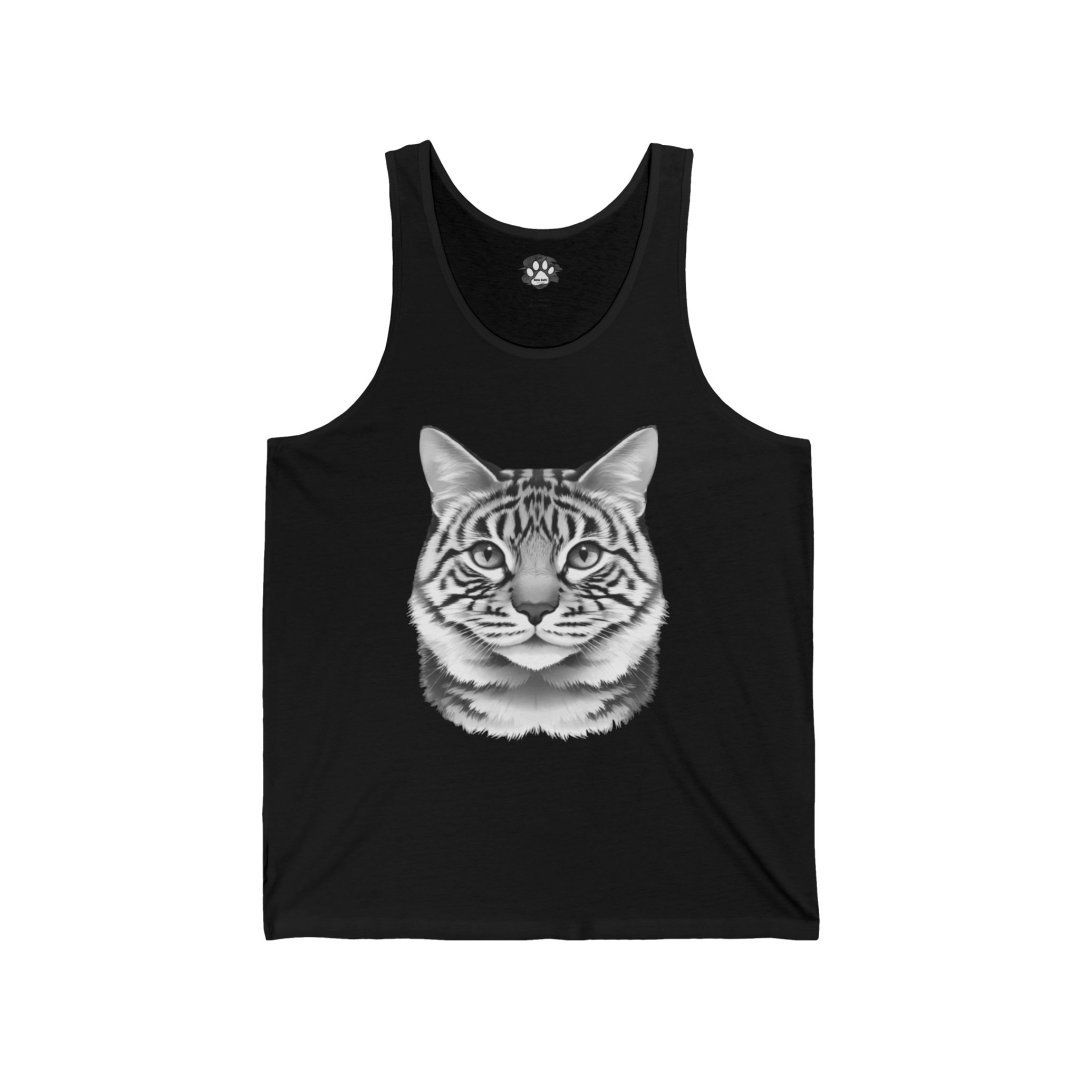 Black tank top with a detailed cat face illustration.