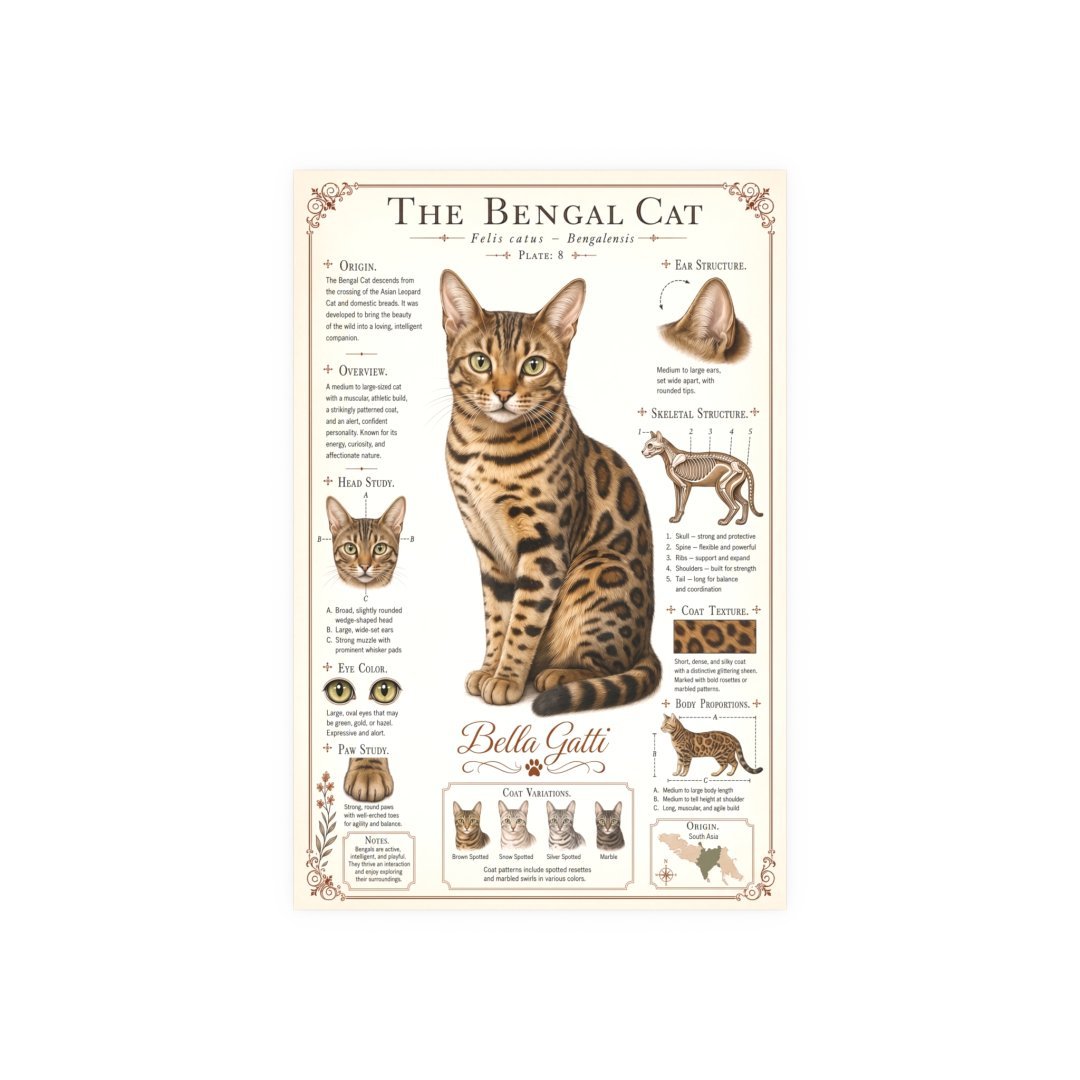 Illustrated guide to Bengal cats with detailed features.