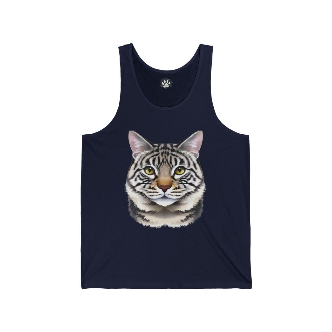 Navy tank top with a realistic cat face design.