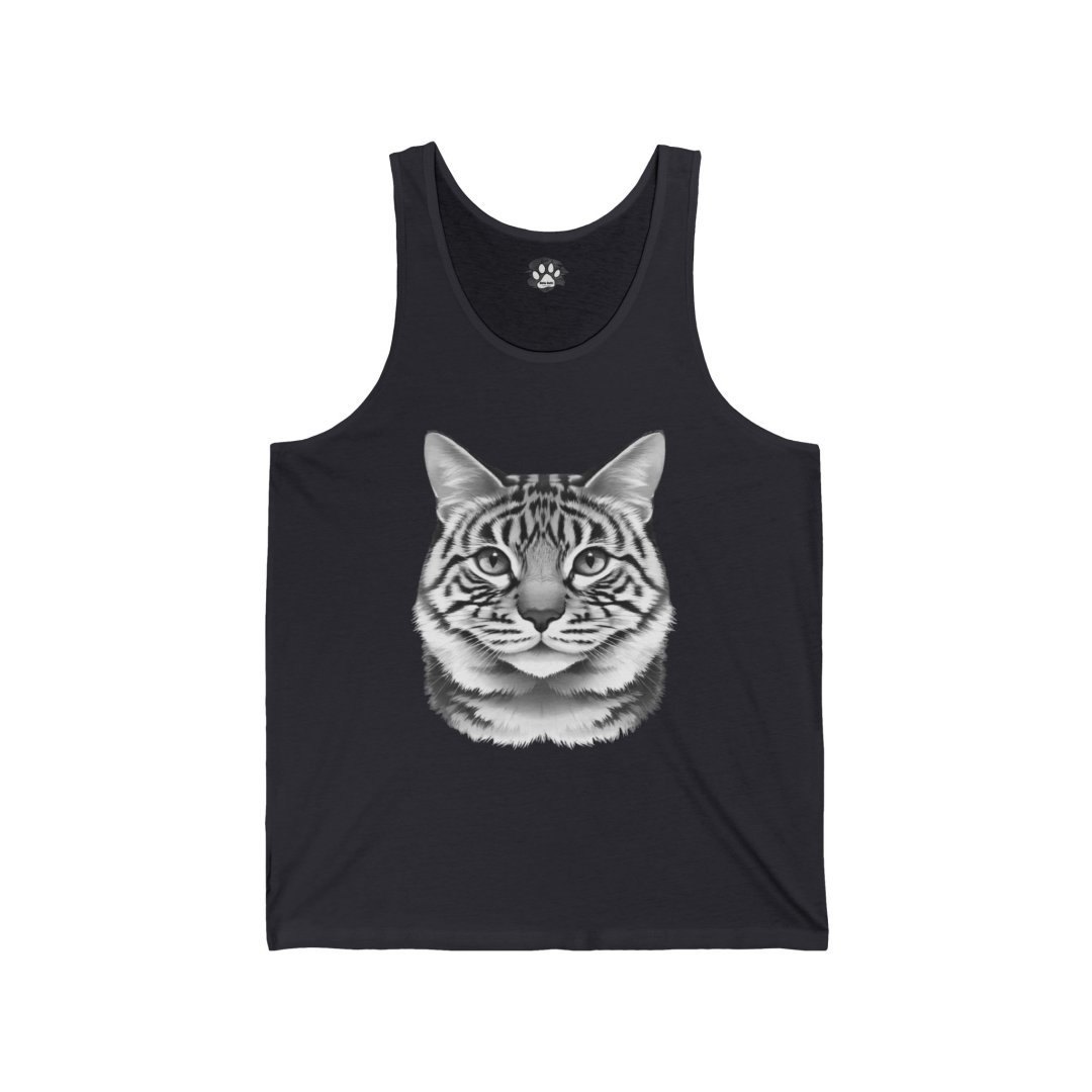 4489870374463788981_2048.jpeg Black tank top with a detailed gray tabby cat face design.