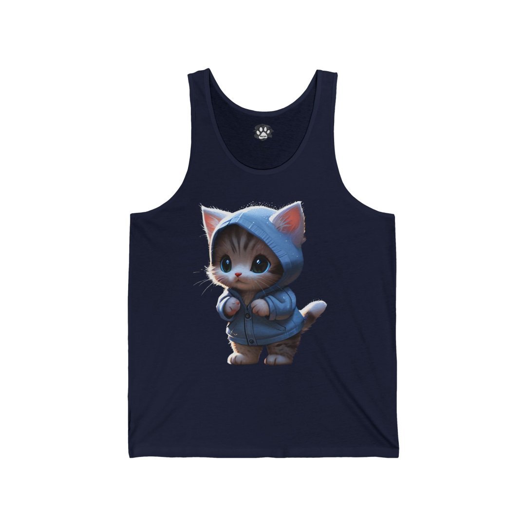 4959729315373908813_2048.jpeg Cute kitten wearing a blue hoodie on a navy tank top.