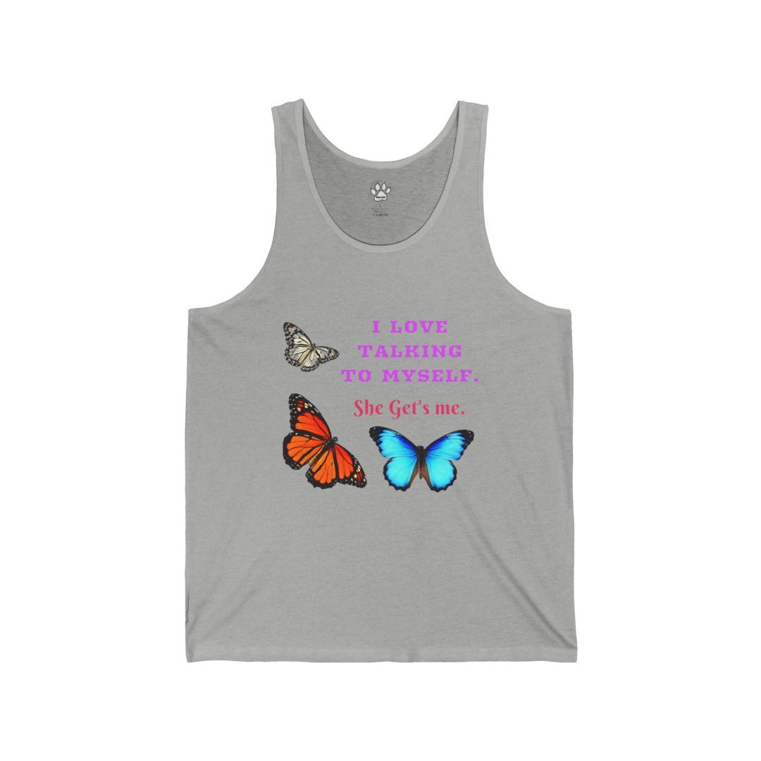 Gray tank top with colorful butterflies and text.