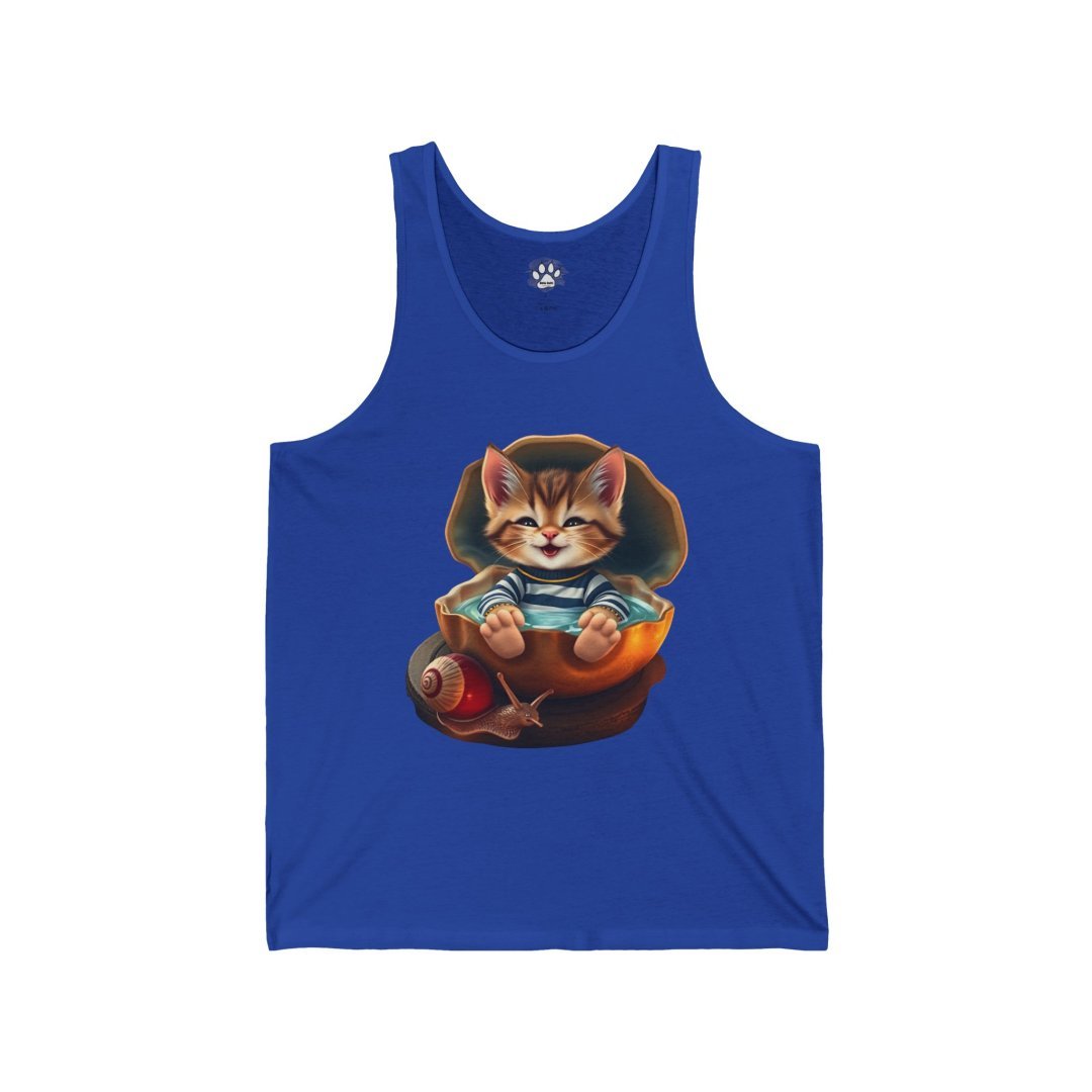Blue tank top with a cute kitten in a striped shirt inside a snail shell.