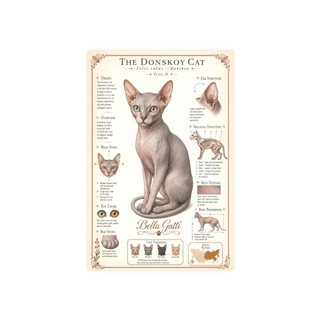 Illustrated guide of the Donskoy cat with detailed features.