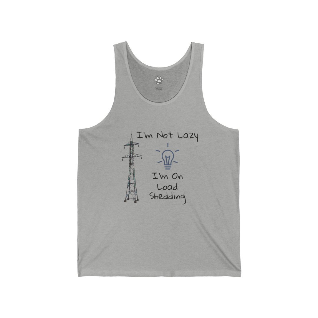 Gray tank top with humorous load shedding design.