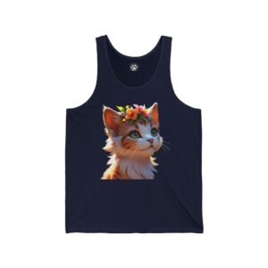 Cute kitten with a flower crown on a navy tank top.