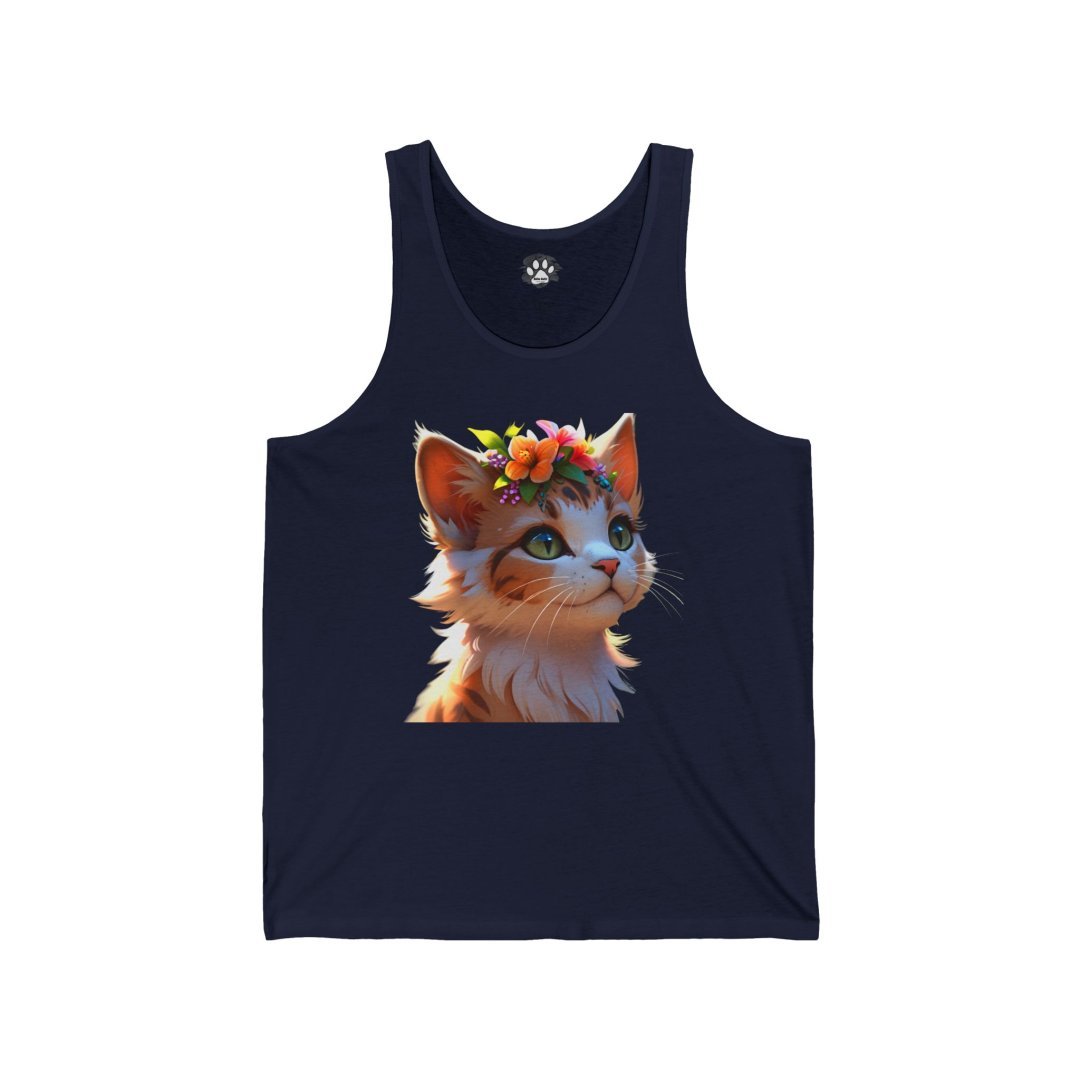 Cute kitten with a flower crown on a navy tank top.