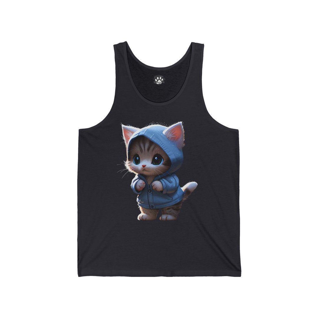 8777985396547631372_2048.jpeg Cute kitten wearing a blue hoodie on a black tank top.