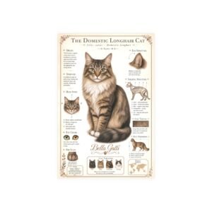 Domestic Longhair Cat Breed Poster Illustration of a Domestic Longhair Cat with detailed features and characteristics.