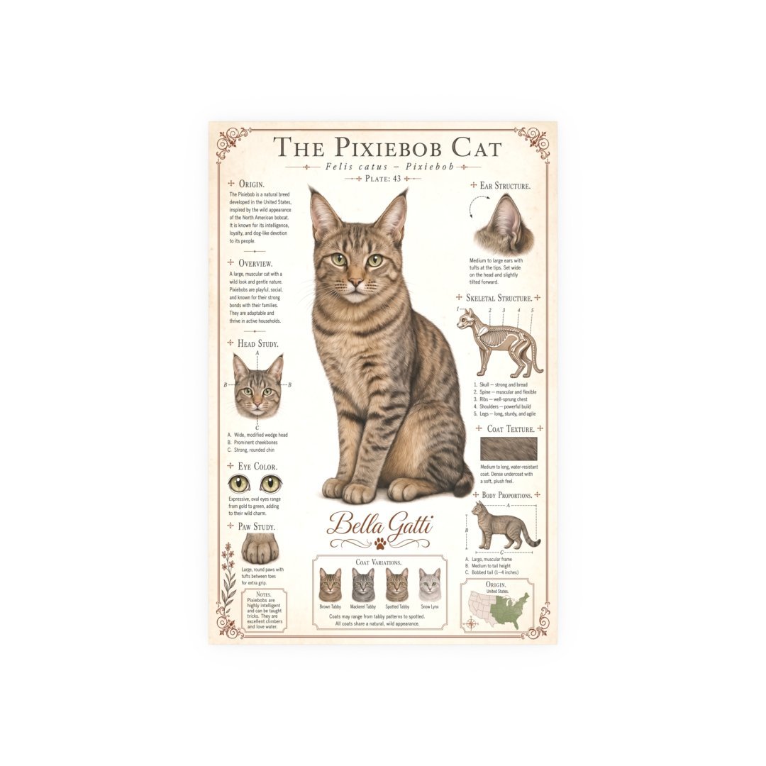 Illustrated guide of the Pixiebob cat breed with detailed features.
